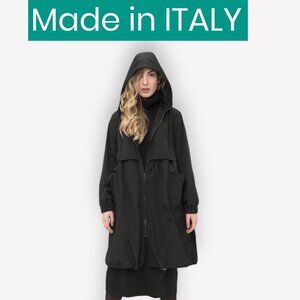 💲240 ITALY Greta Ingrid Women's Black Relaxed Oversized Wind Trench Rain Coat